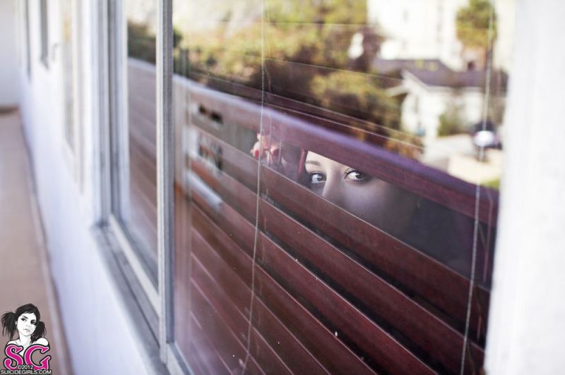 Неформалка с розовыми волосами раздевается у жалюзи 39 фотография