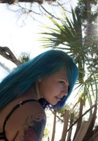 Телка с сиреневыми волосами позирует полуголой среди пальм 9 фото Телка с сиреневыми волосами позирует полуголой среди пальм 9 фото